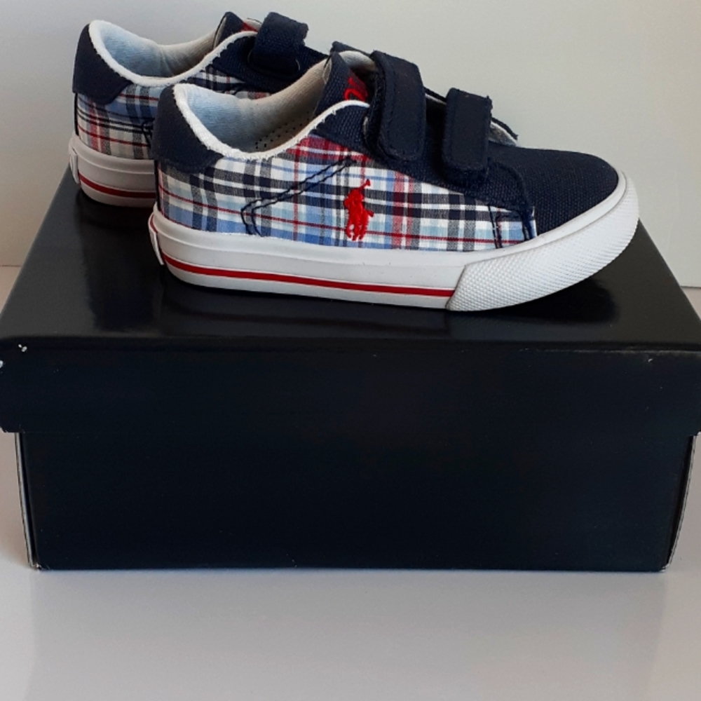 Polo Ralph Lauren Boys Plaid Canvas Sneakers Velcro Red Pony Toddler Sz 6